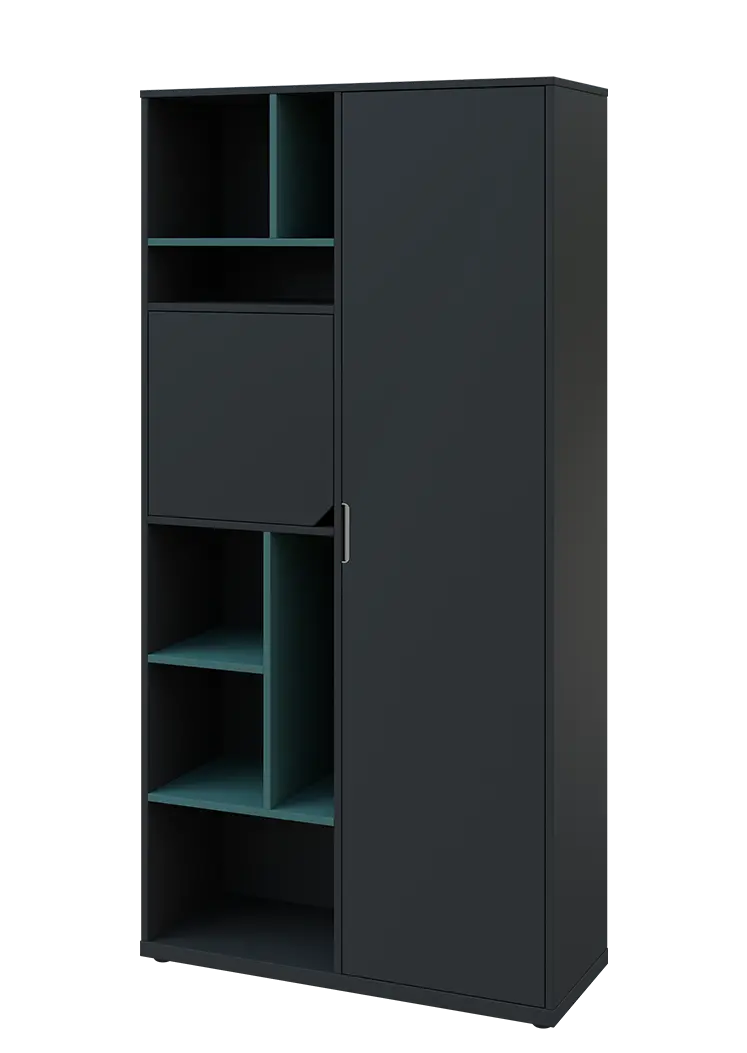 KSR6-83 P skříň šatní, 1x výsuvné ramínko, dvířka, niky, 2053x1022x400 mm, provedení pravé, korpus a dvířka antracit/police světle petrolejová